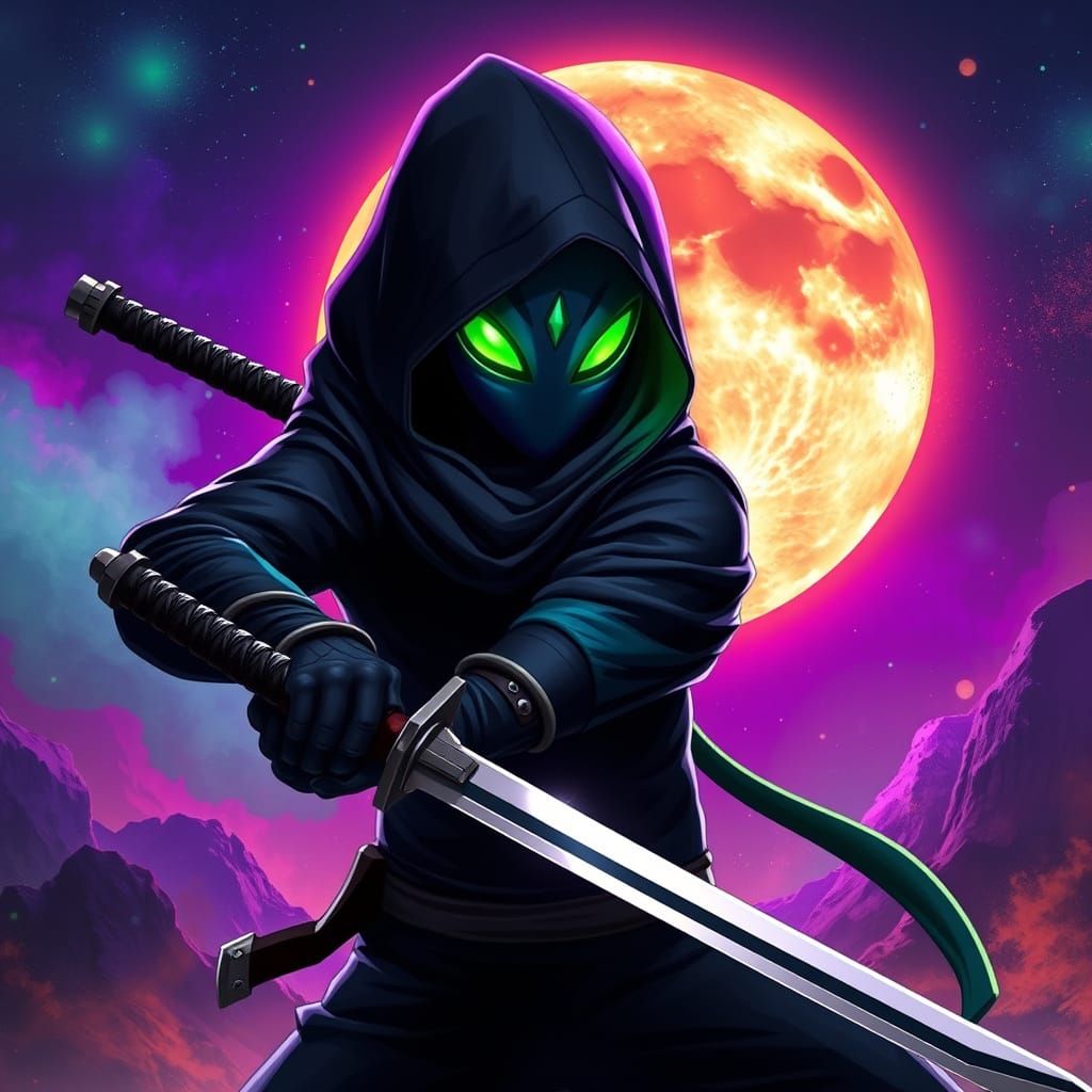 Cyberpunk Alien Warrior Poses with Sword and Glowing Eye Mas...