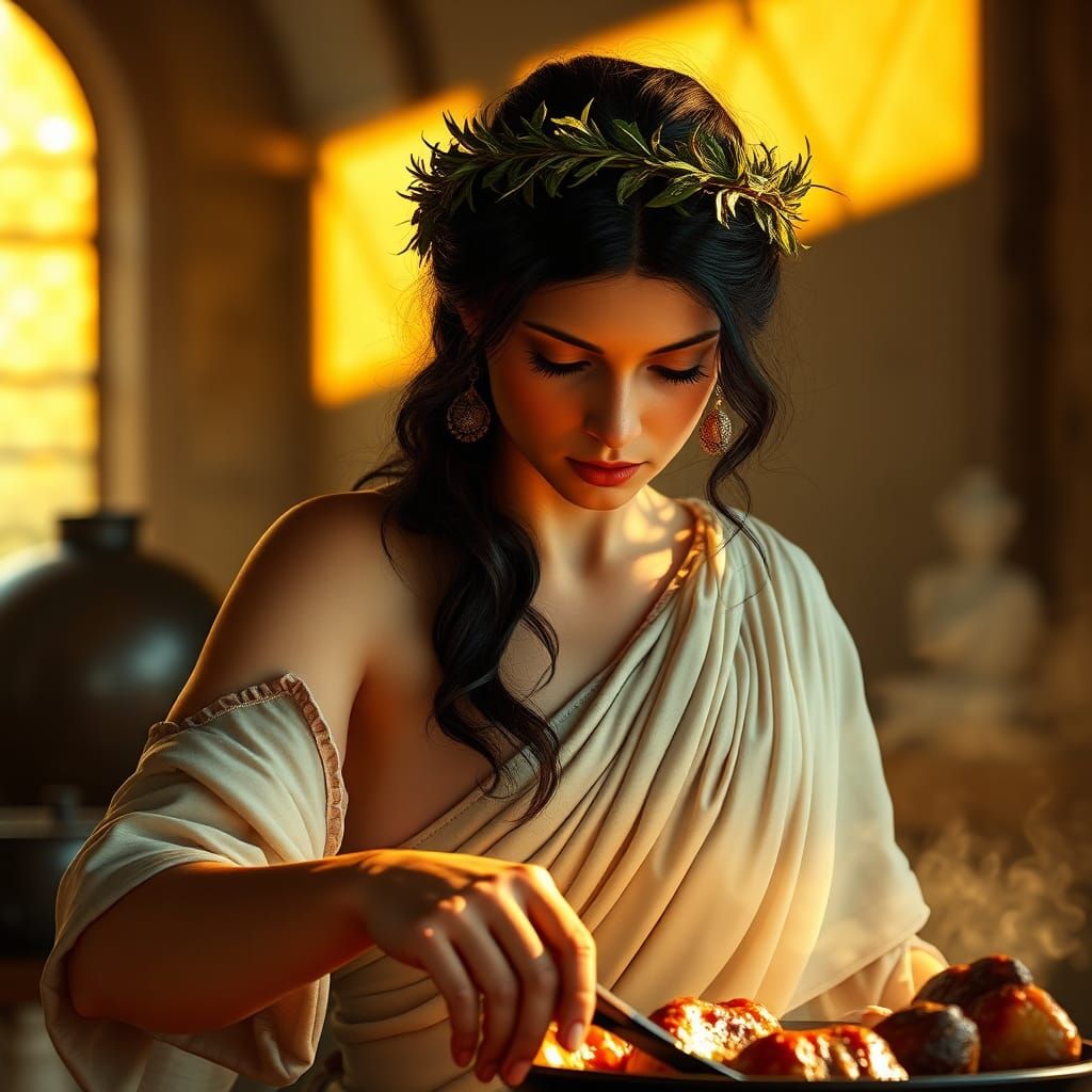 Greek Woman Cooks Dinner: Art Nouveau Portrait