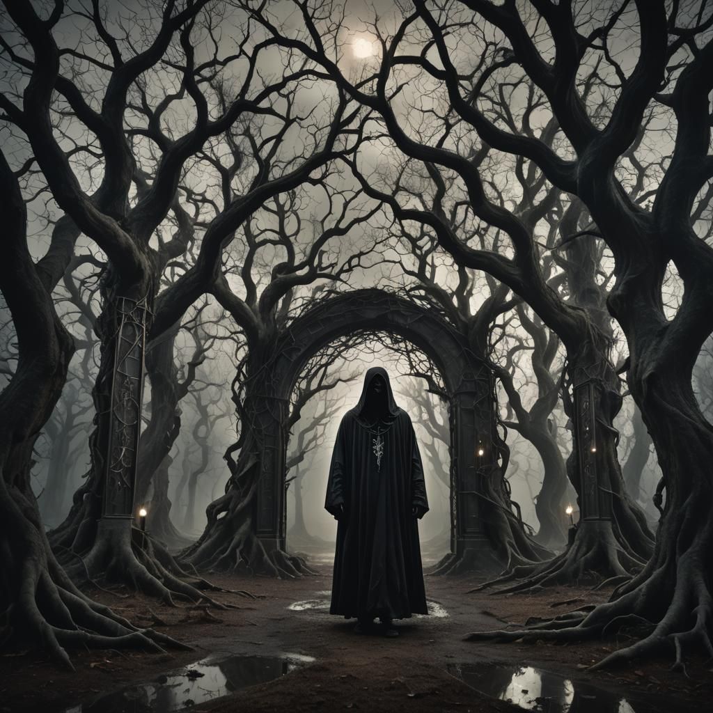 Ethereal Figure Emerges in Dark Surrealist Realm