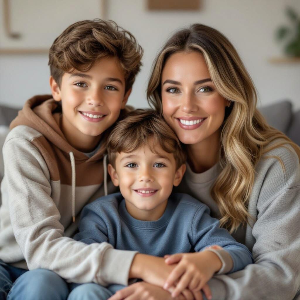 Family Portrait: Boy, Mother, and Younger Brother in Bright ...