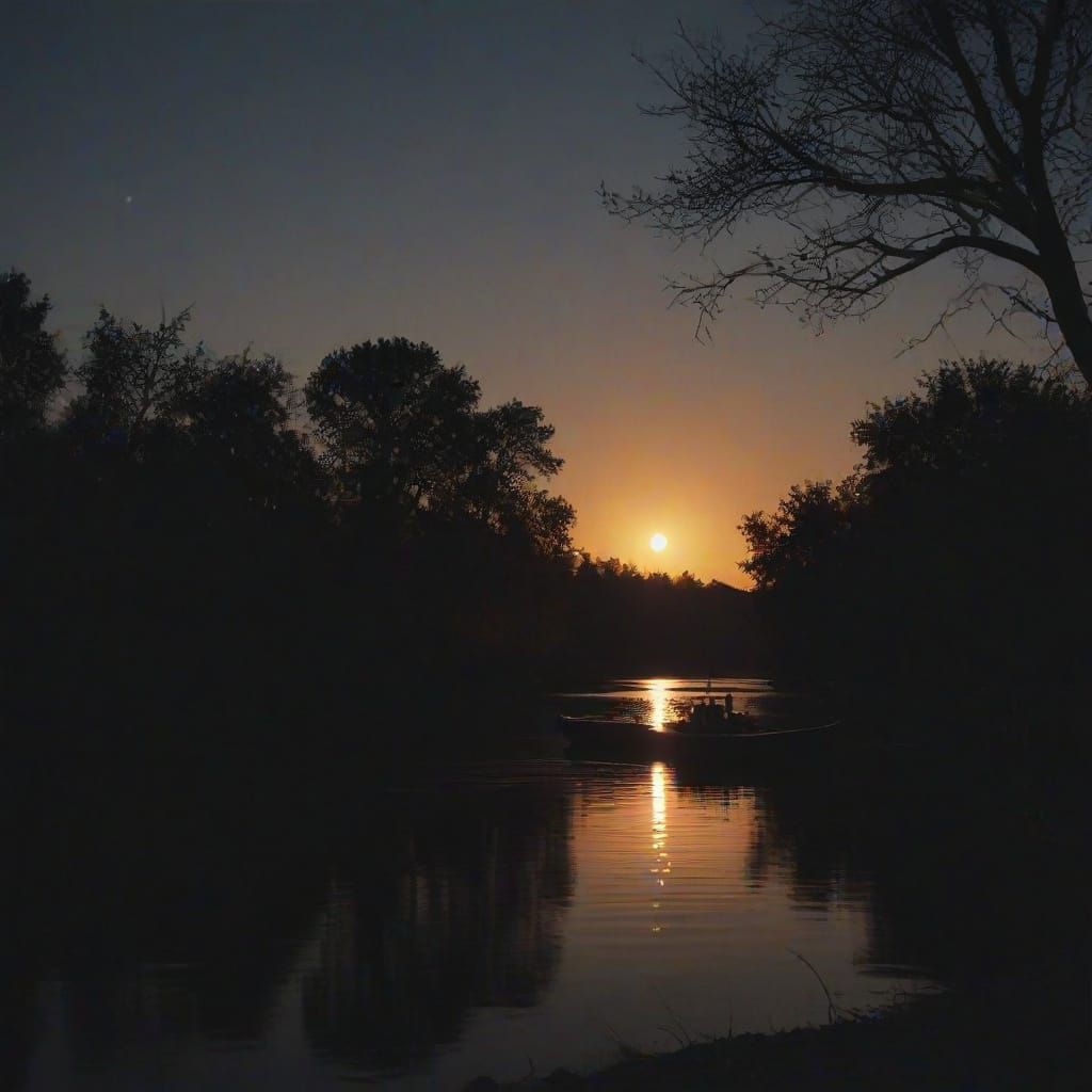 Moonlit Riverbank Scene in Film Noir Style