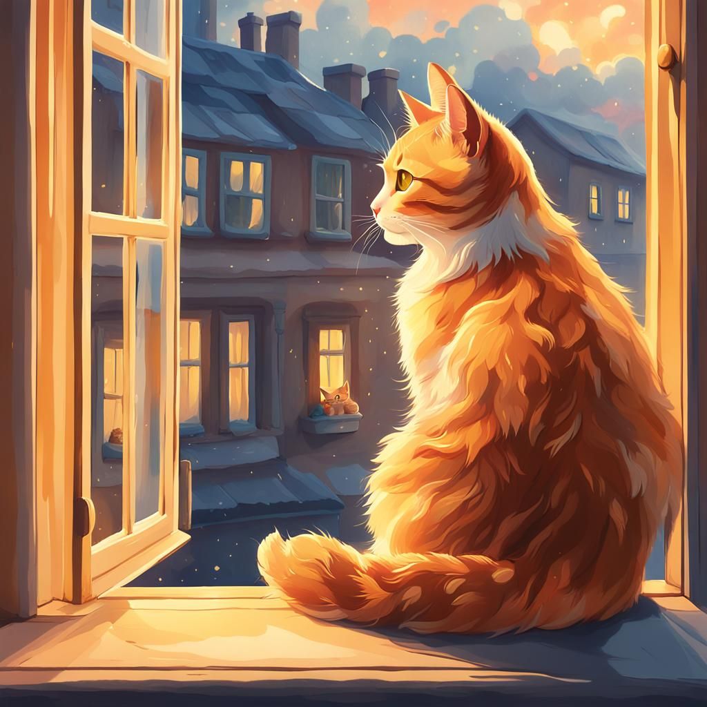 Cat on Windowsill in Whimsical Art Style