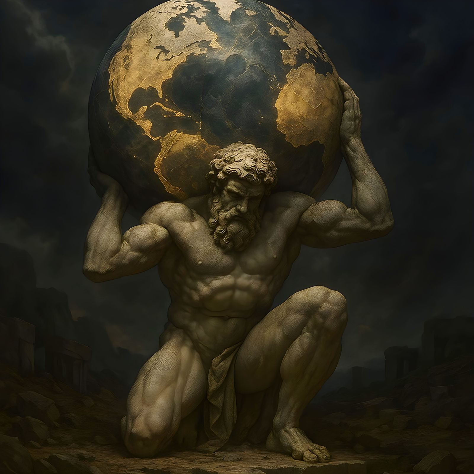 Atlas in Ancient Ruins, a Stone Titan Endures