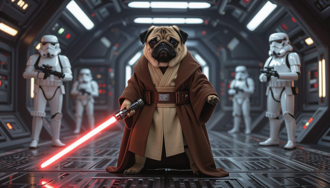 Jedi Pug Confronts Stormtroopers on Space Station