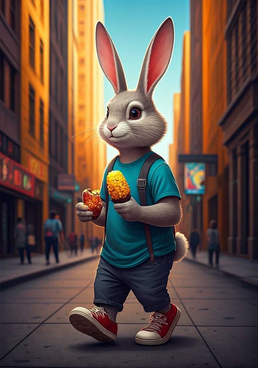 Anthropomorphic Rabbit Enjoys Elote in City