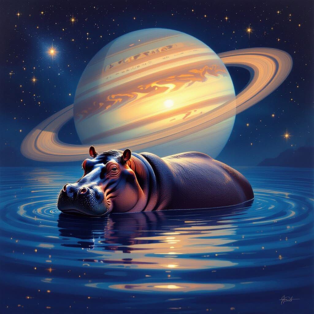 Hippo Drifting Through Saturn's Rings in Surreal Style