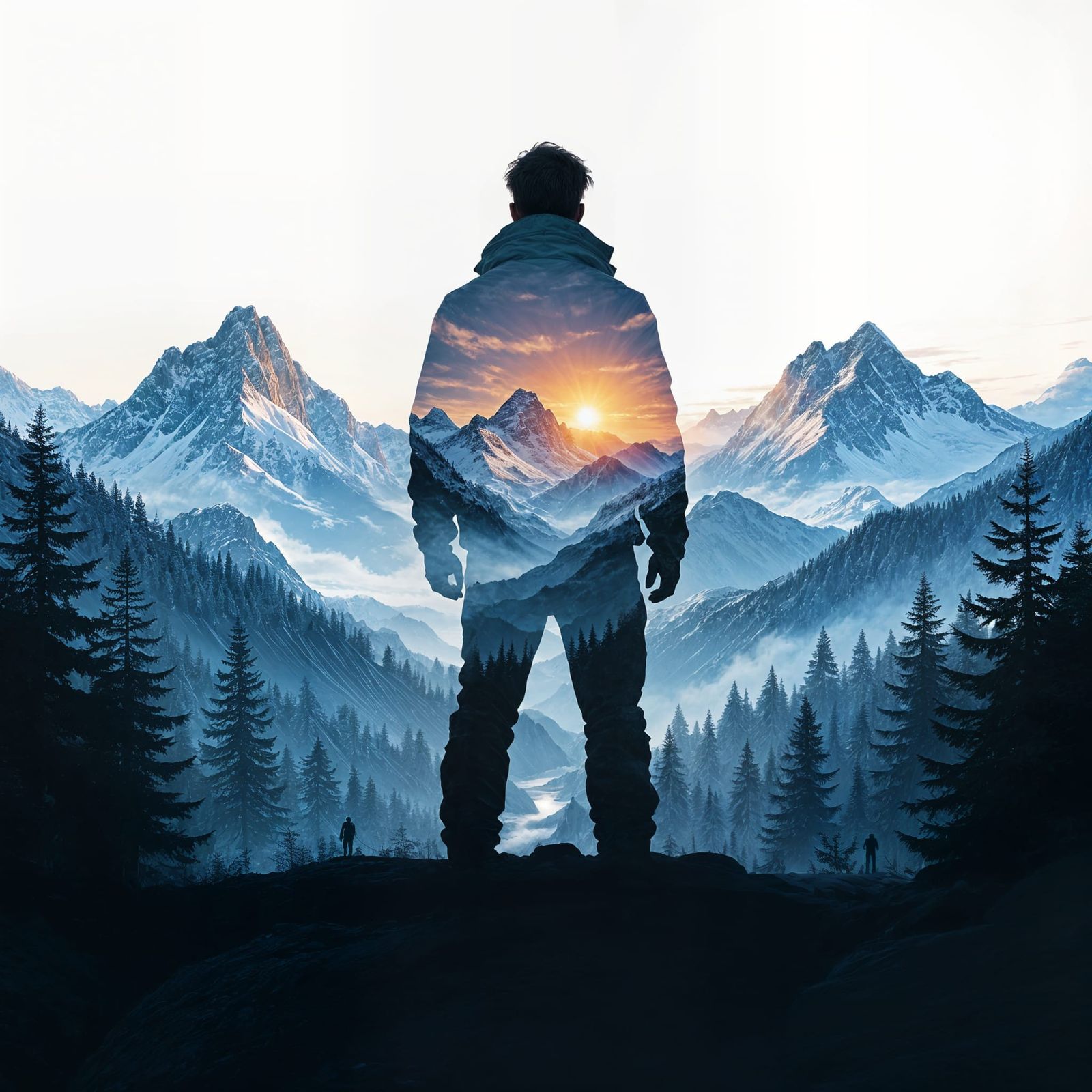 Hiker Silhouette Reveals Mountain Sunrise Landscape