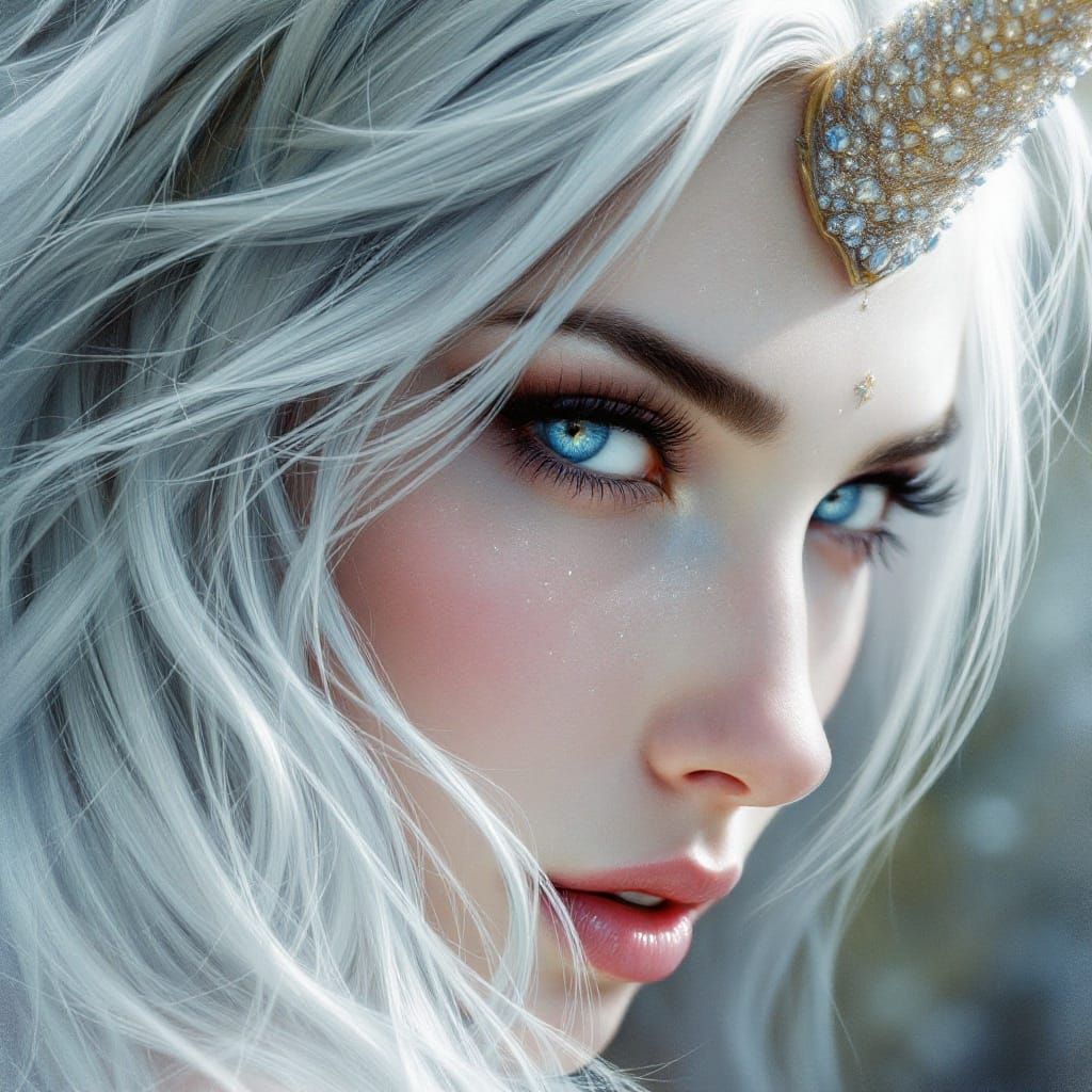 Regal Unicorn Lady with Shimmering Silver Hair in Elegant Po...