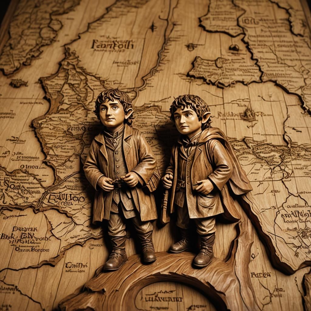 Whimsical Woodcarving of Bilbo and Frodo on Middle Earth Map