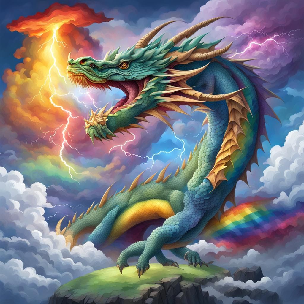 Dragon in a Rainbow Lightning Storm