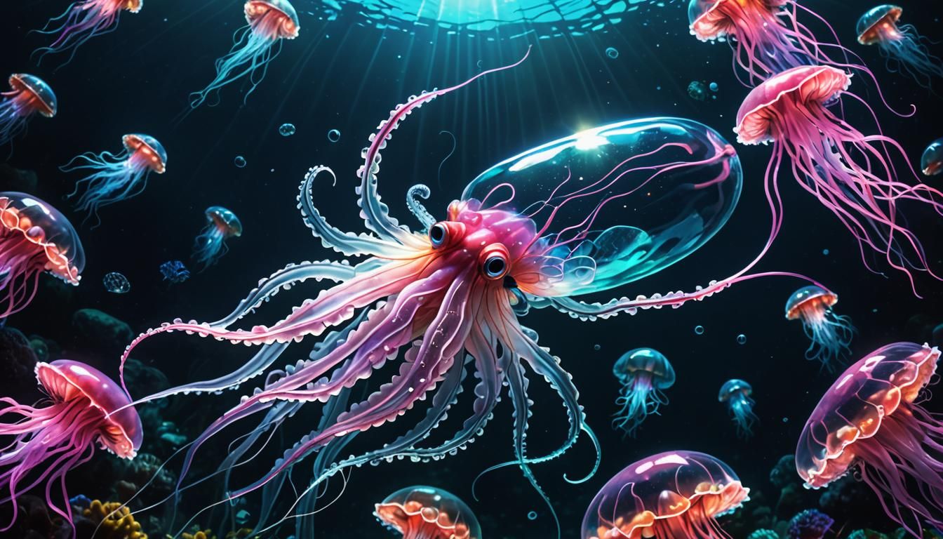 Giant Glass Squid in Bioluminescent Underwater Scene