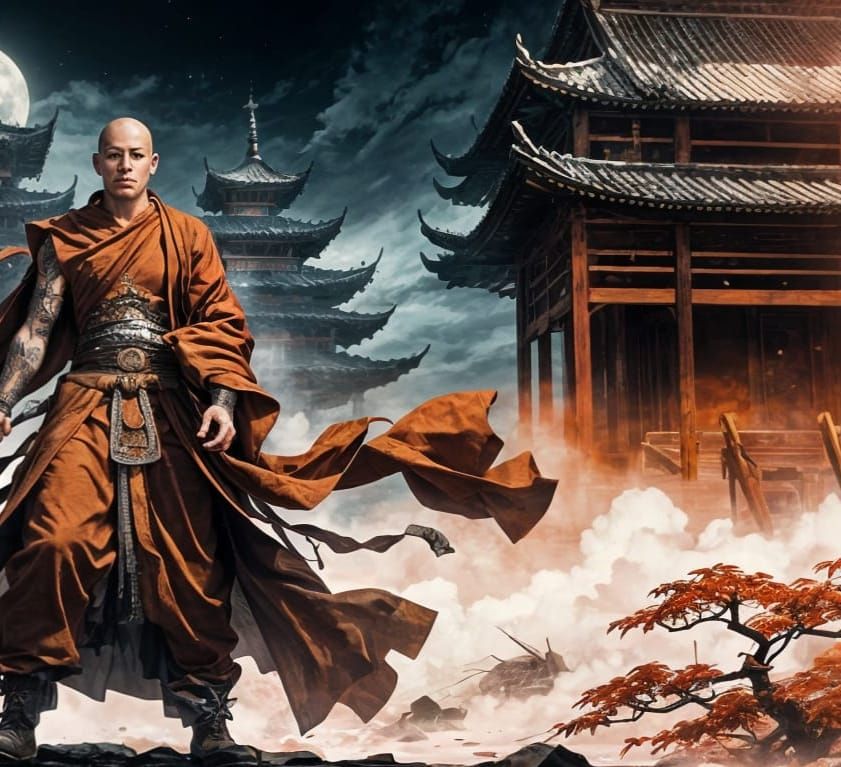 Warrior Monk Stands Vigilant in Misty Mountain Temple