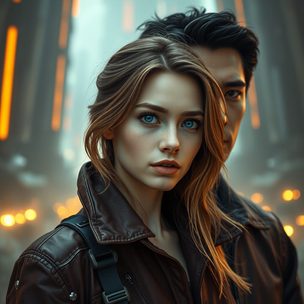 Dystopian Sci-Fi Scene with American Woman and Korean Man