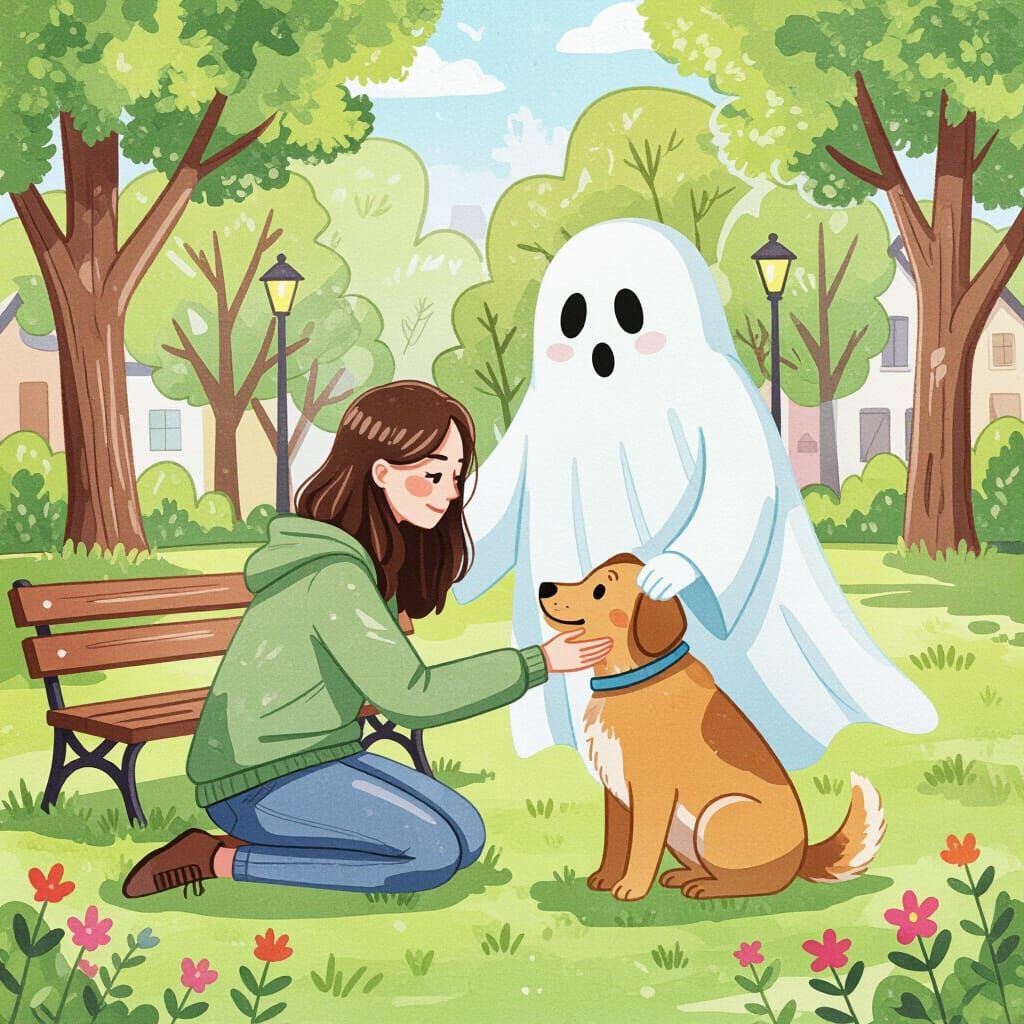 Ghost Petting Dog in Park Watercolor Style