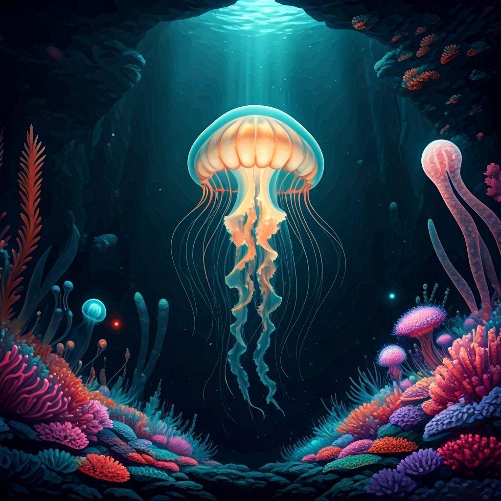 Bioluminescent Jellyfish in Ocean Trench, Hyperrealistic Dig...