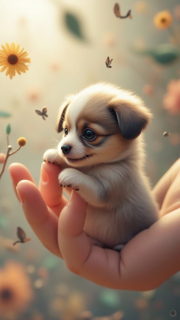 Whimsical 3D Portrait of a Tiny Puppy in Mid-Chew