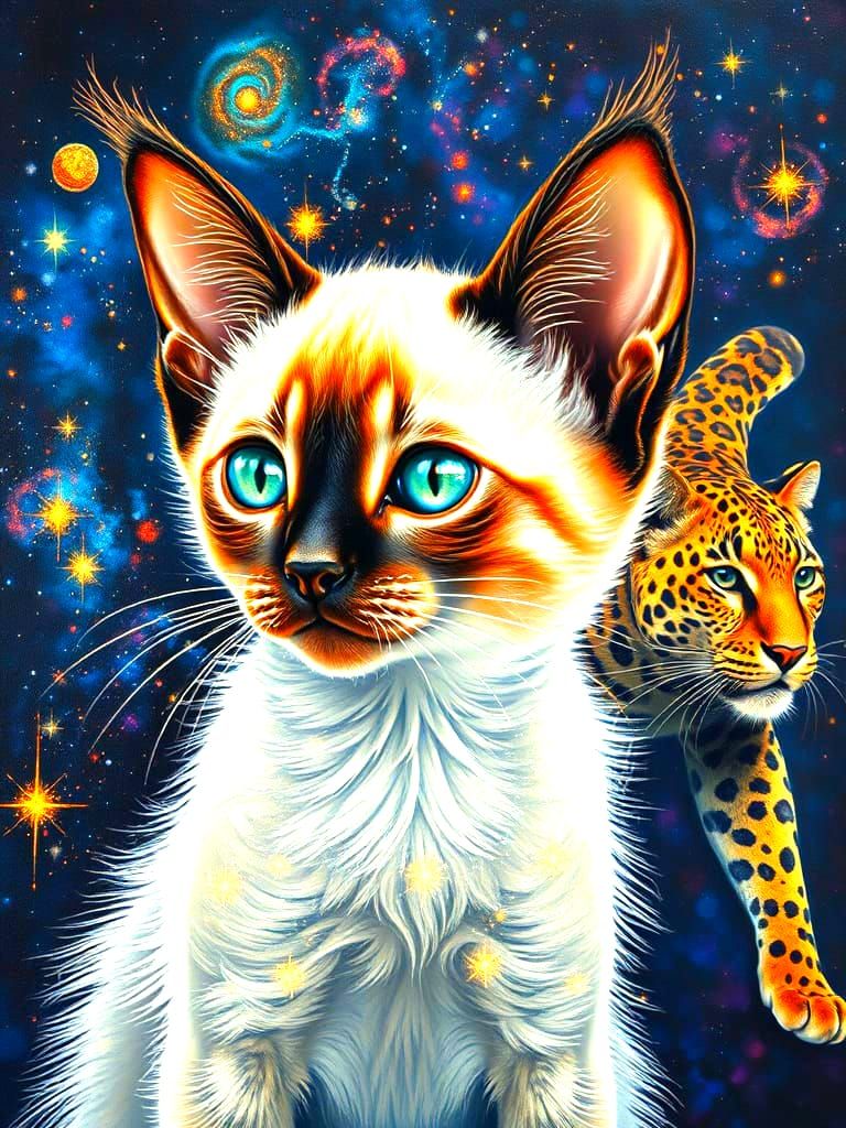 Surreal Siamese Kitten Portrait with Cosmic Nebula