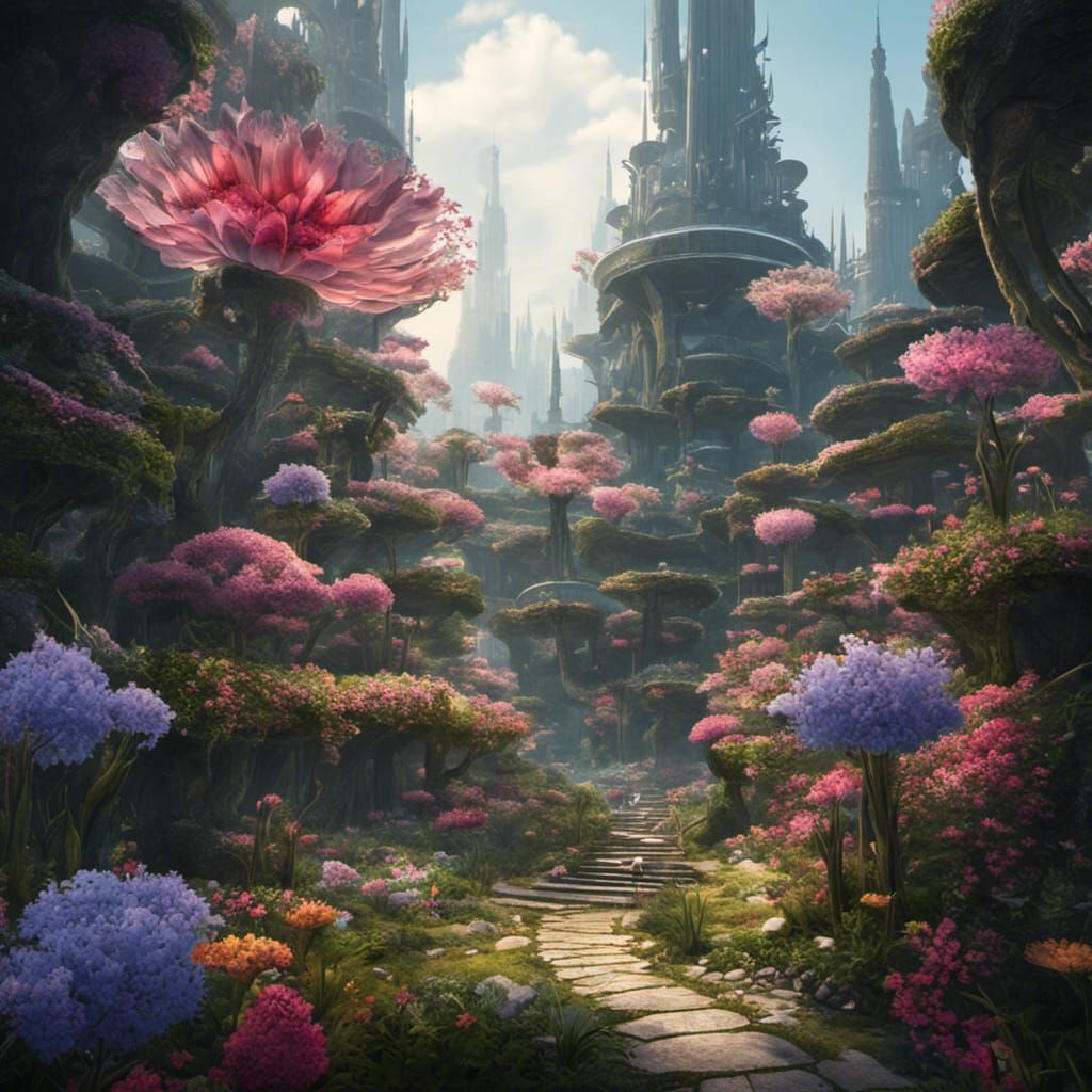 city of futuristic buildings like flowers,futuristic flowers, hyper real fairy flowerland, complementary colors, fine de...