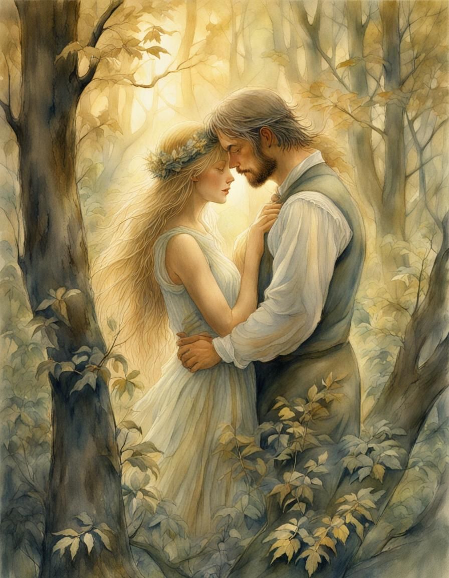 Mystical Lovers Embrace in Golden Forest
