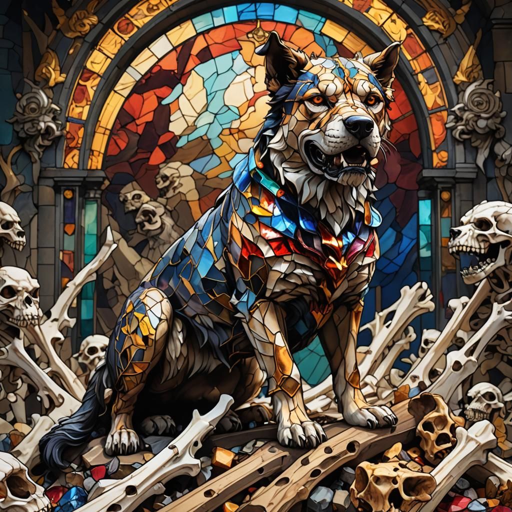 Neon Stained Glass Cerberus on Bones