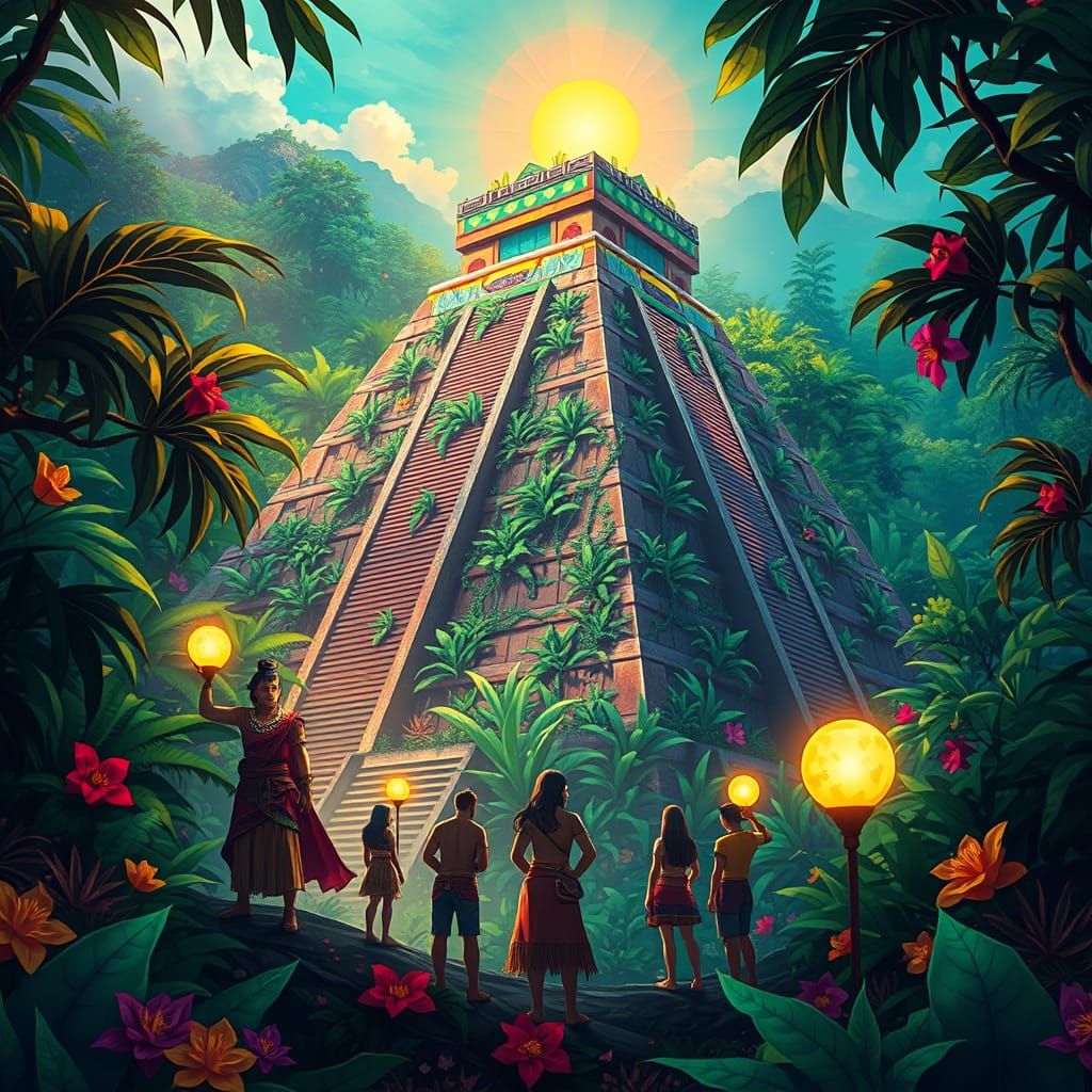 Ethereal Mayan-Aztec Pyramid Radiates Energy in Vibrant Jung...