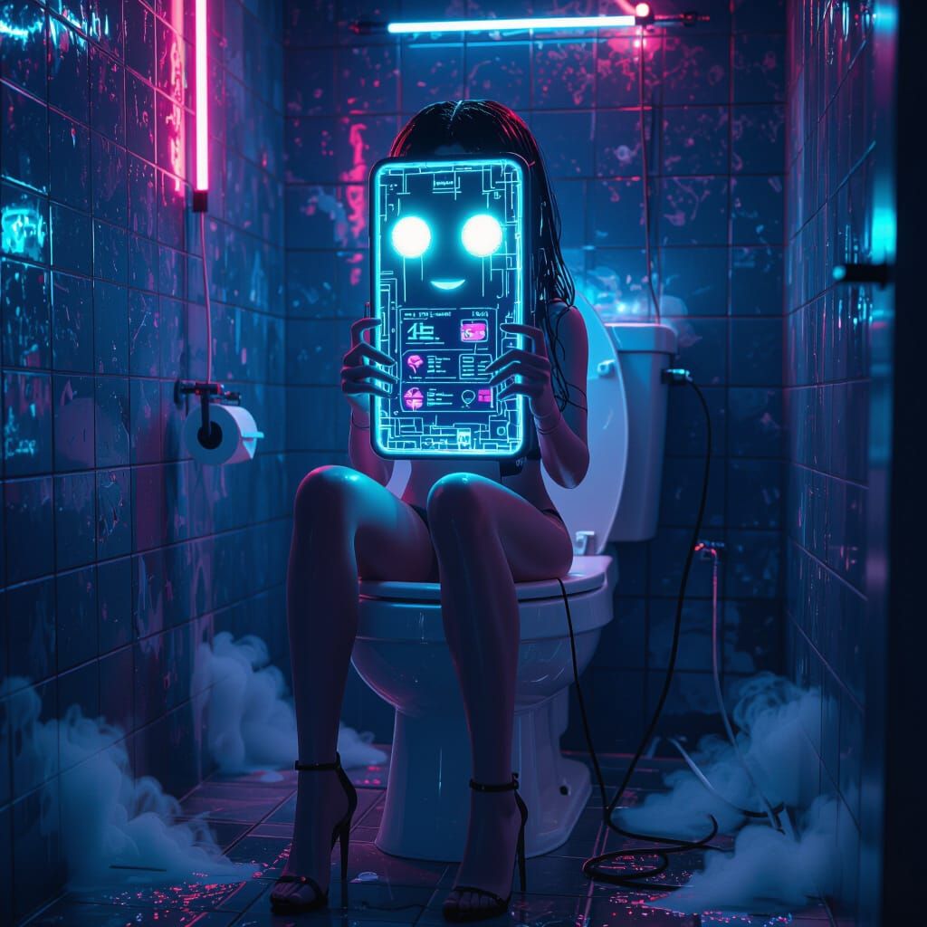 Smartphone Woman in Neon Lit Bathroom