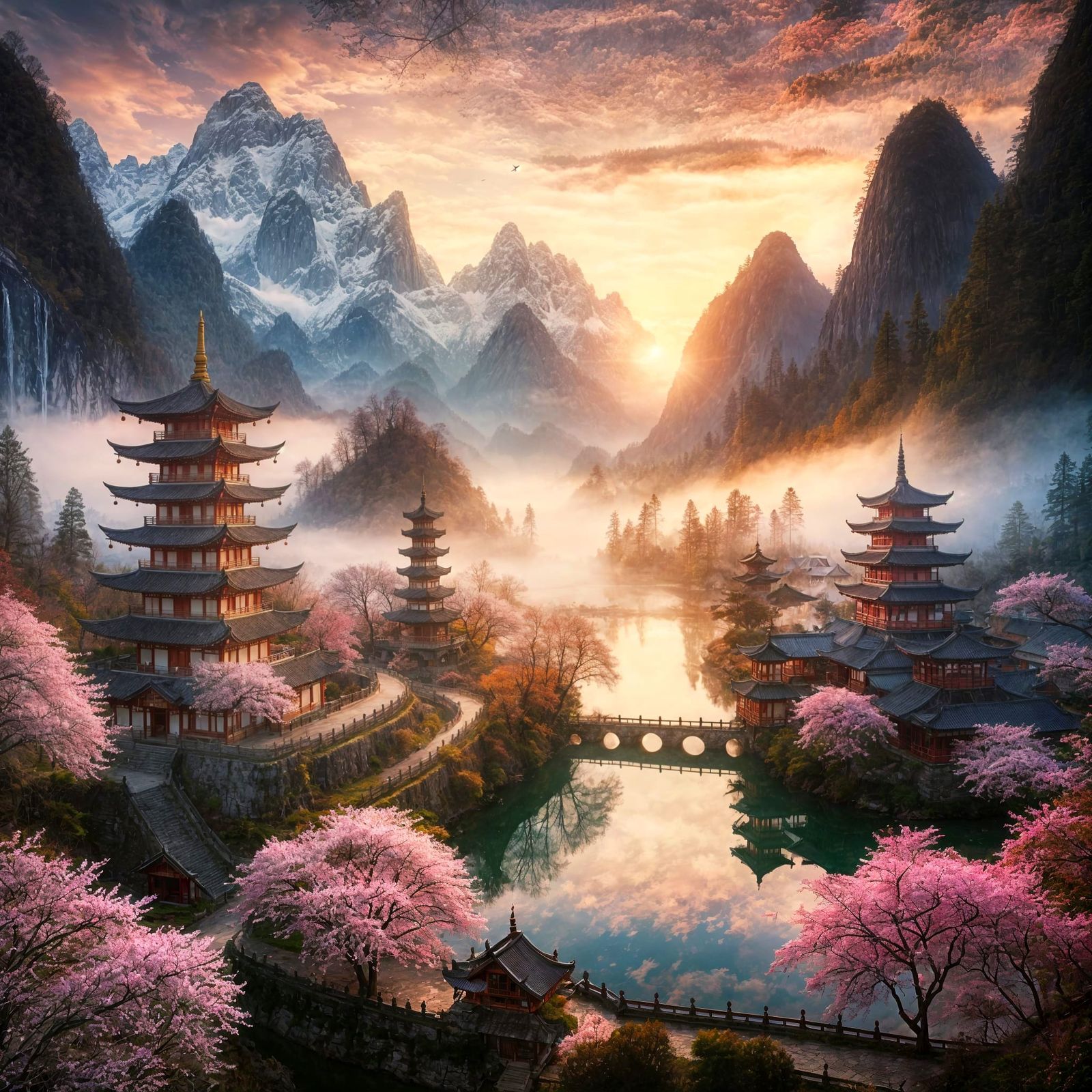 Serene Mountain Valley at Dawn with Pagodas and Cherry Bloss...