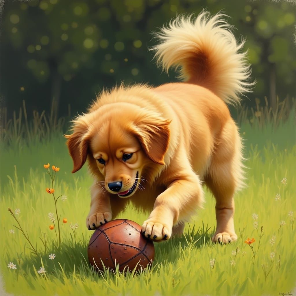 Golden Retriever in Comical Defensive Stance, Guarding Ball