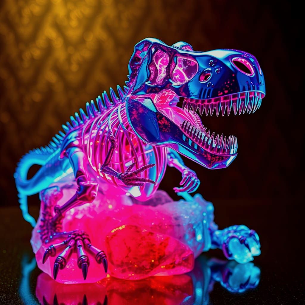 Surreal T Rex Skeleton in Neon Crystal X Ray Style