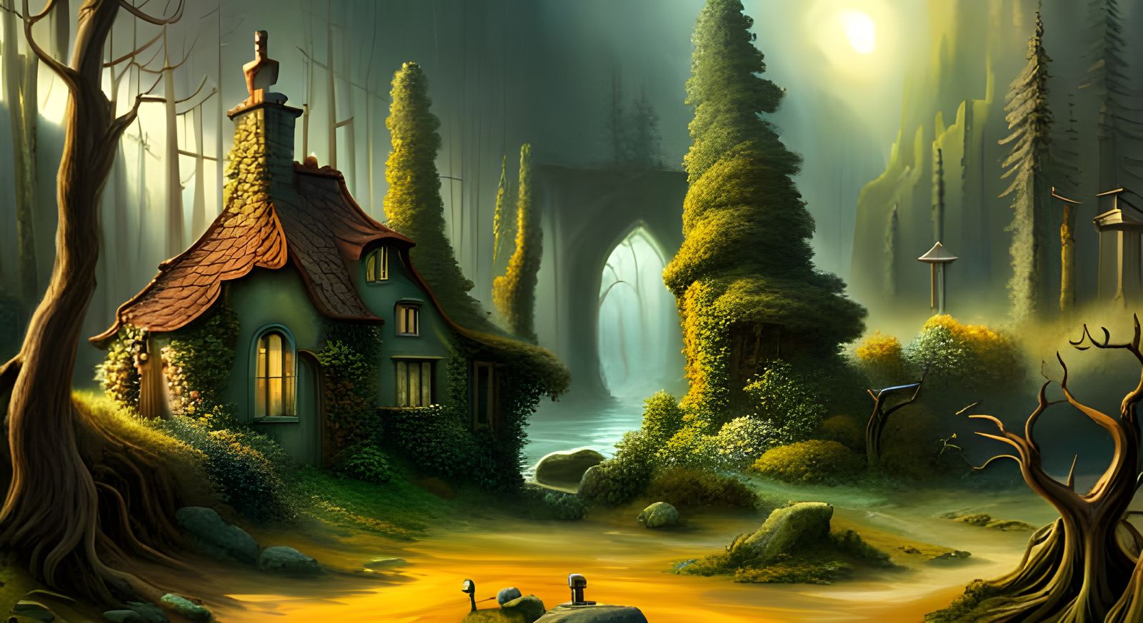 Surreal Forest Cottage in Dreamlike Matte Painting