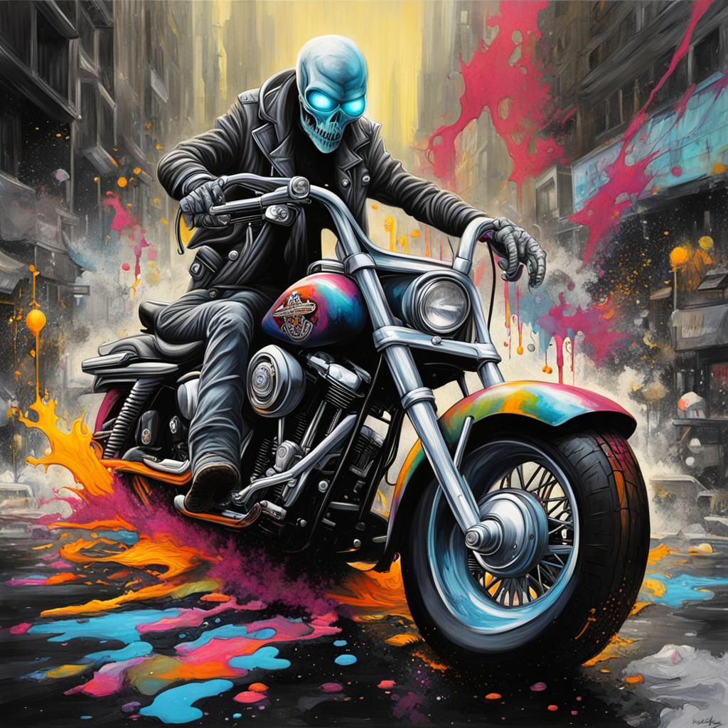 Grey Alien Rides Harley in Graffiti Street Art