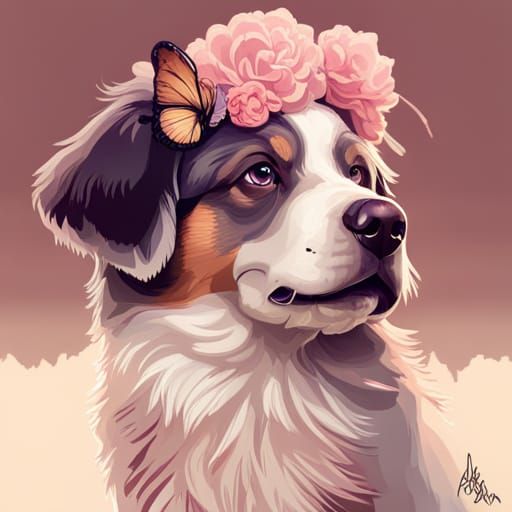 Australian Shepherd Puppy with Butterfly, Hyperdetailed Art