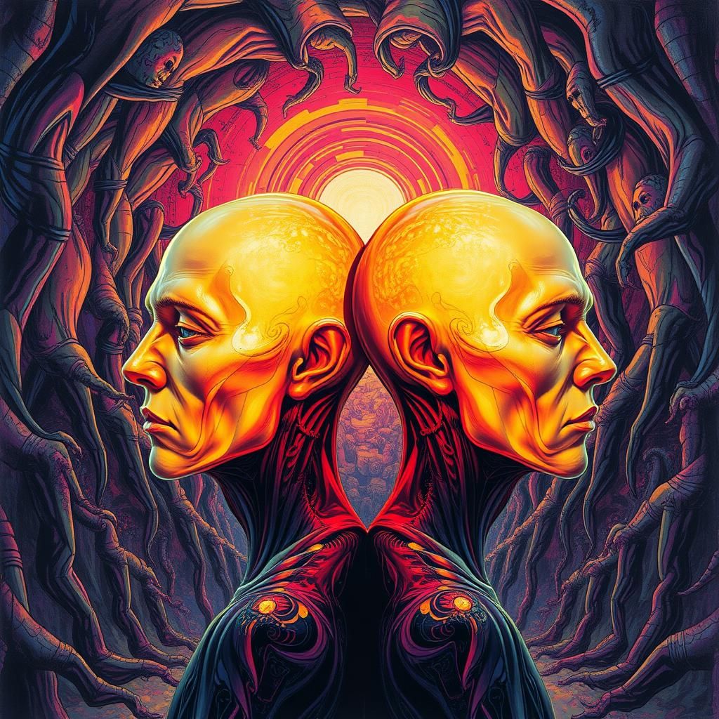 an abstract portrait of two heads back to back the tops of t...