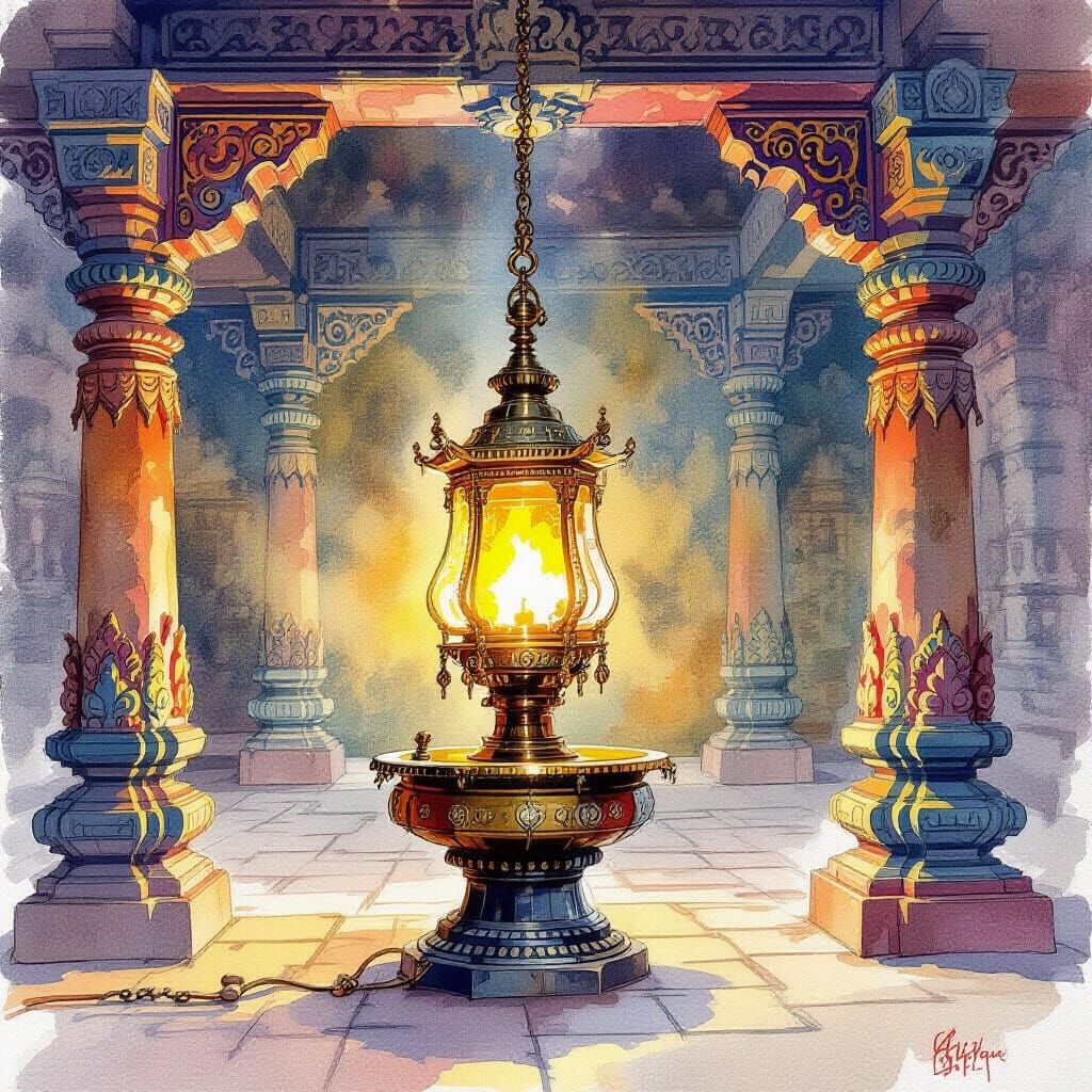 Oil Lamp Illuminates Tamil Hindu Temple in Watercolor Style