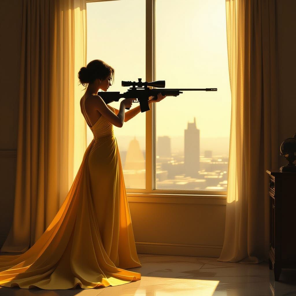 Woman with Sniper Rifle in Atmospheric Lighting