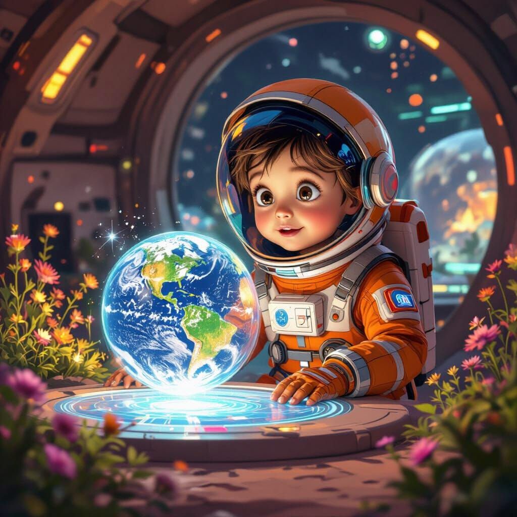 A child with wide, curious eyes, dressed in a slightly oversized, brightly colored Martian exploration suit, plays with ...