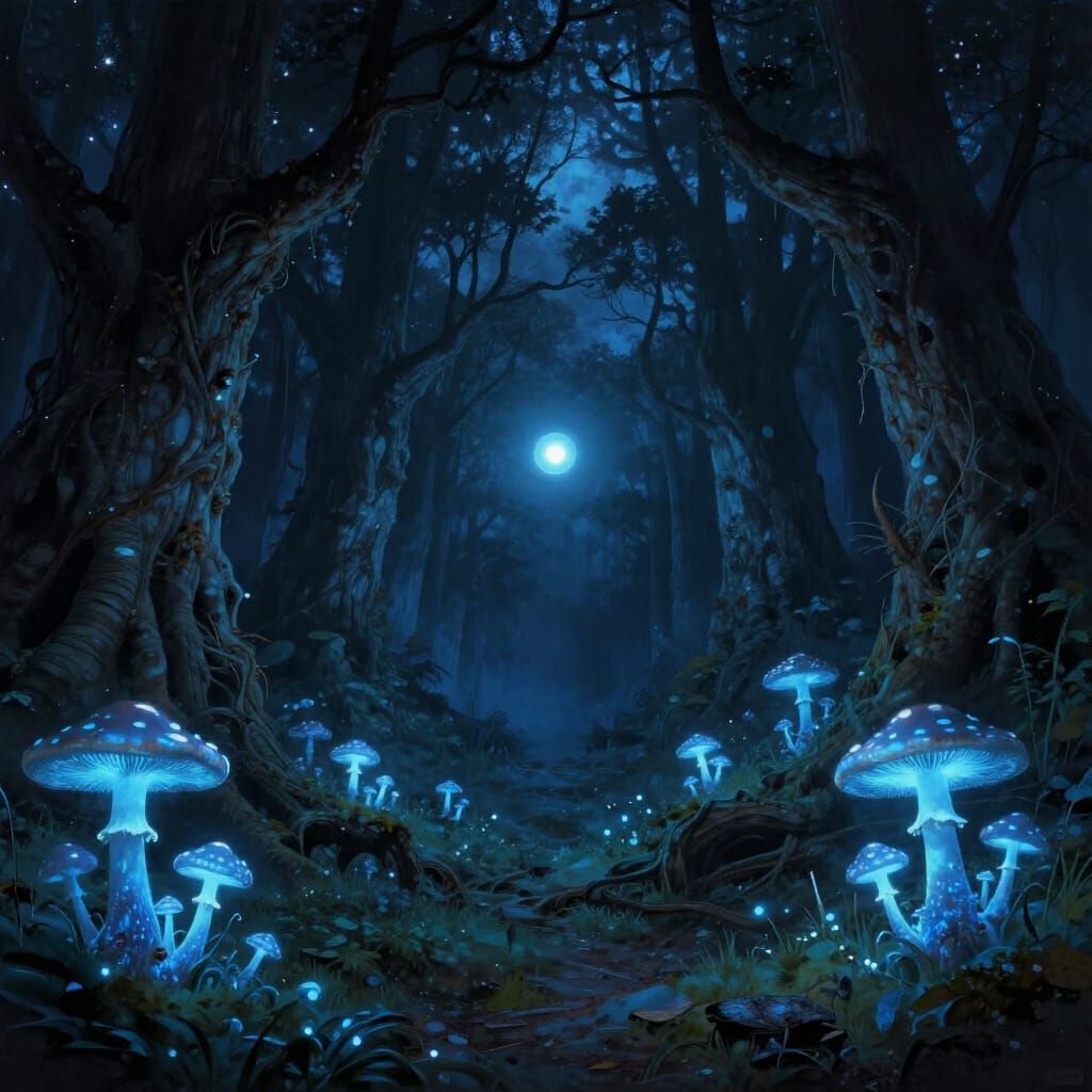 Mystical Forest at Night with Bioluminescent Mushrooms
