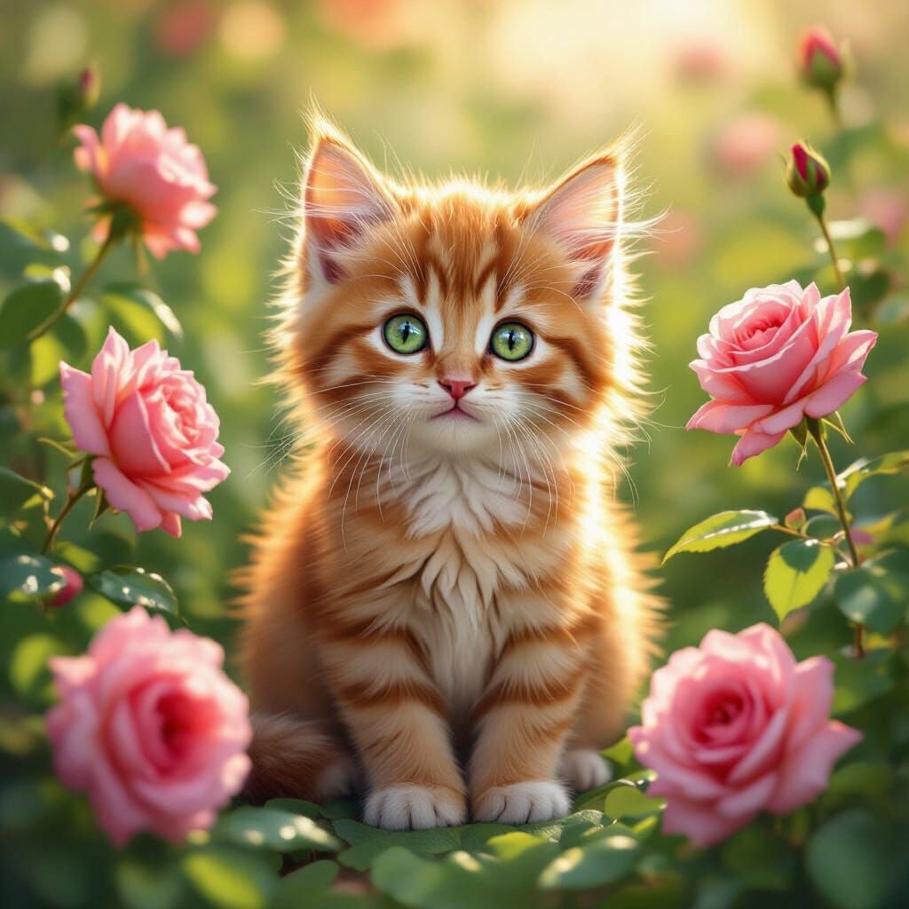 Adorable Ginger Kitten in Blooming Rose Garden