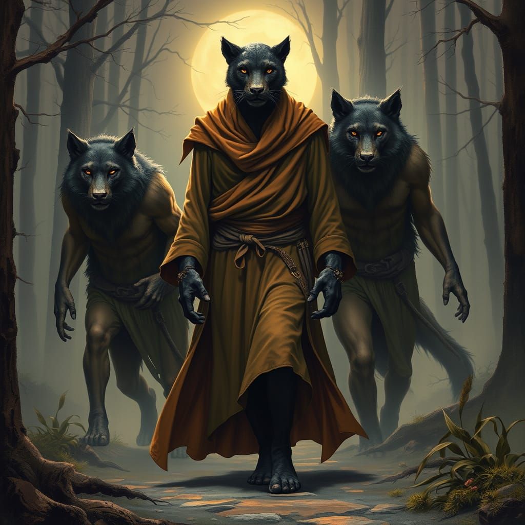 Panther Humanoid Leads Werewolves Through Misty Forest