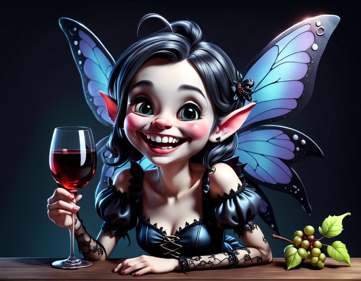 Happy Gothic Fairy Drinking Wine in 3D Cartoon Style