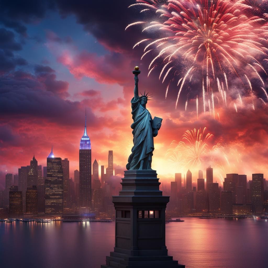 American Flag with Fireworks, Detailed Matte Painting