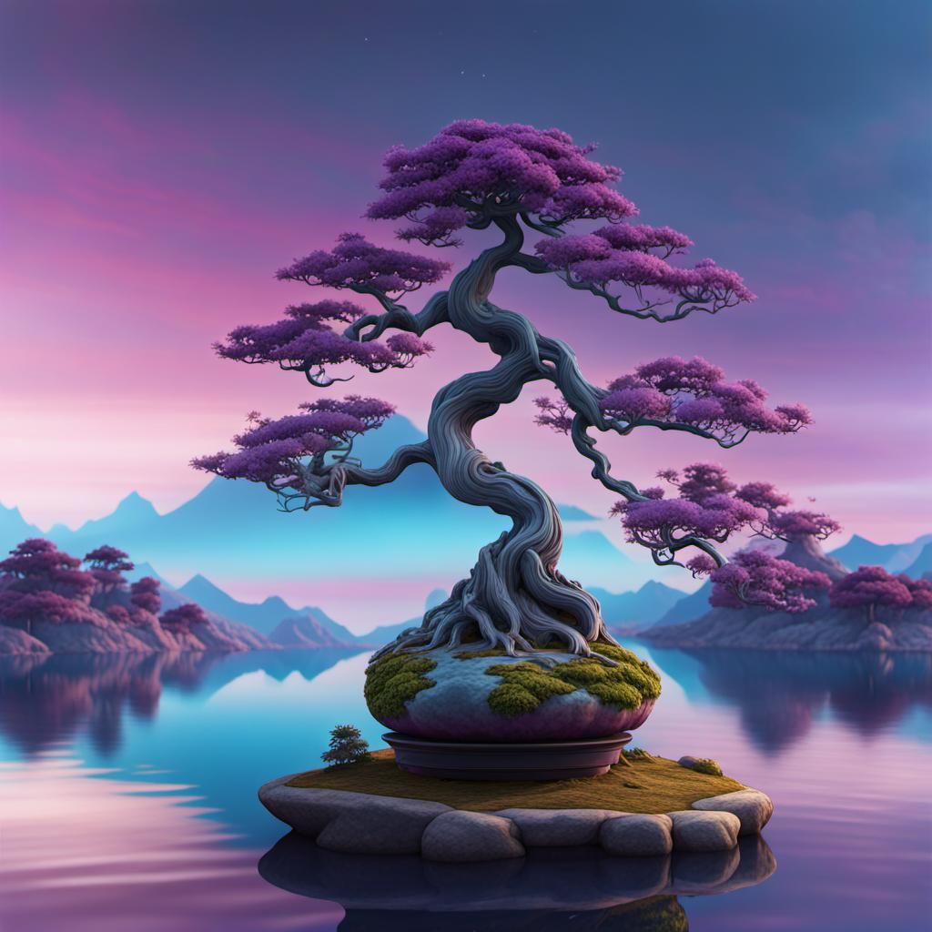 Colorful Bonsai Tree on Lake: Fantasy Concept Art