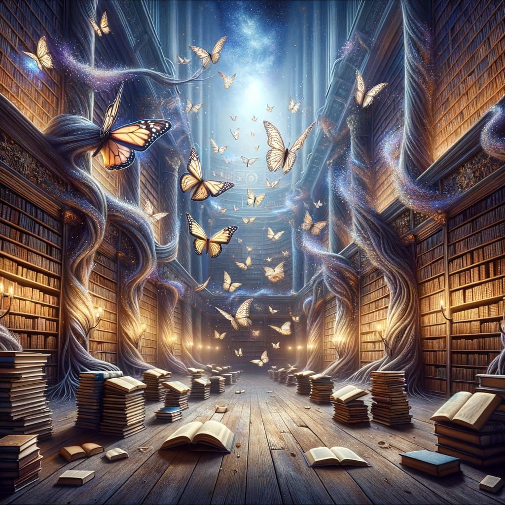Grand Library Books Transforming into Butterflies: Surreal D...