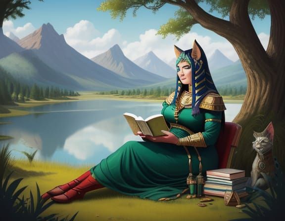 Bastet Barbarian Reading Book by Lake: Fantasy Illustration