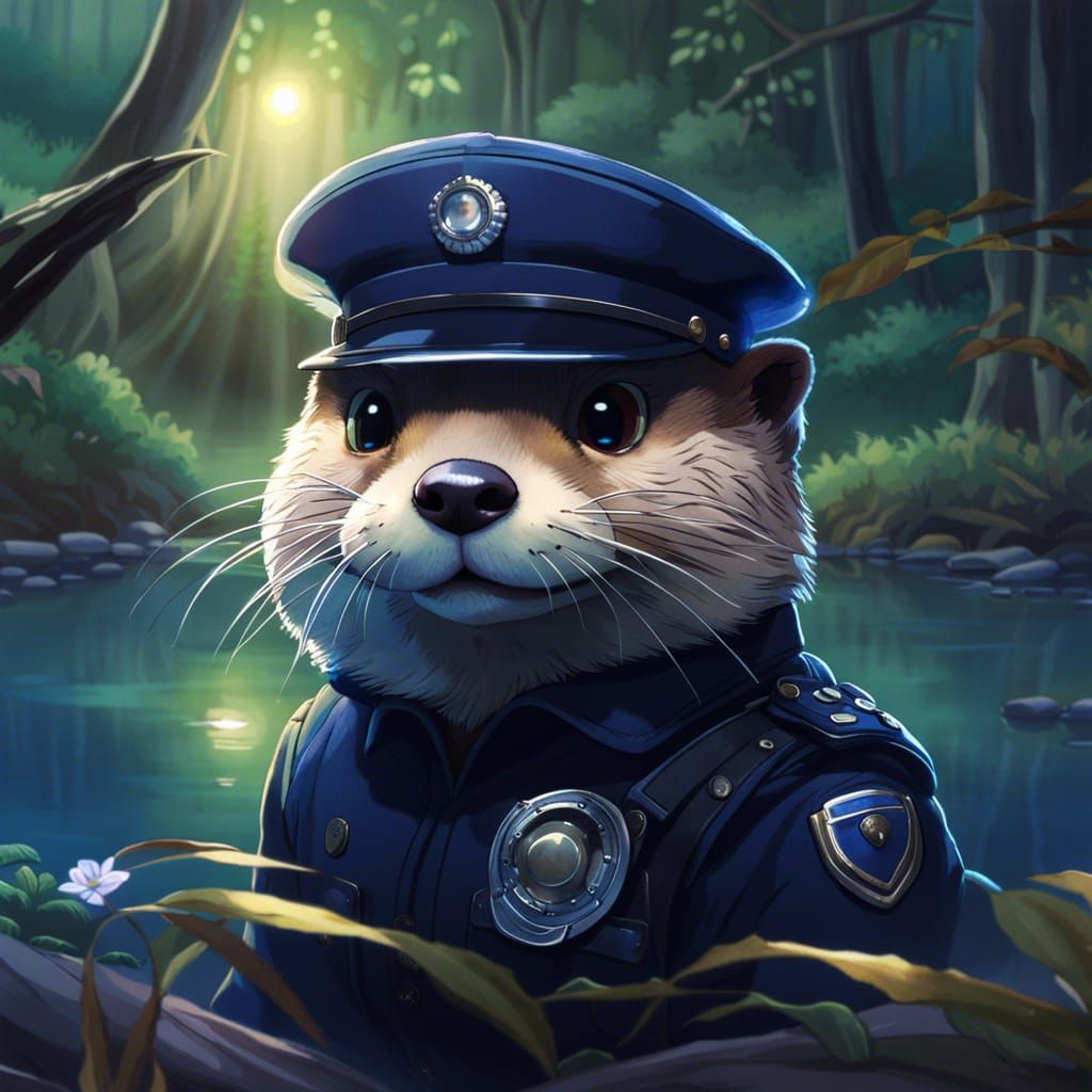 Anime Otter Policeman in Tranquil Lakeside Landscape