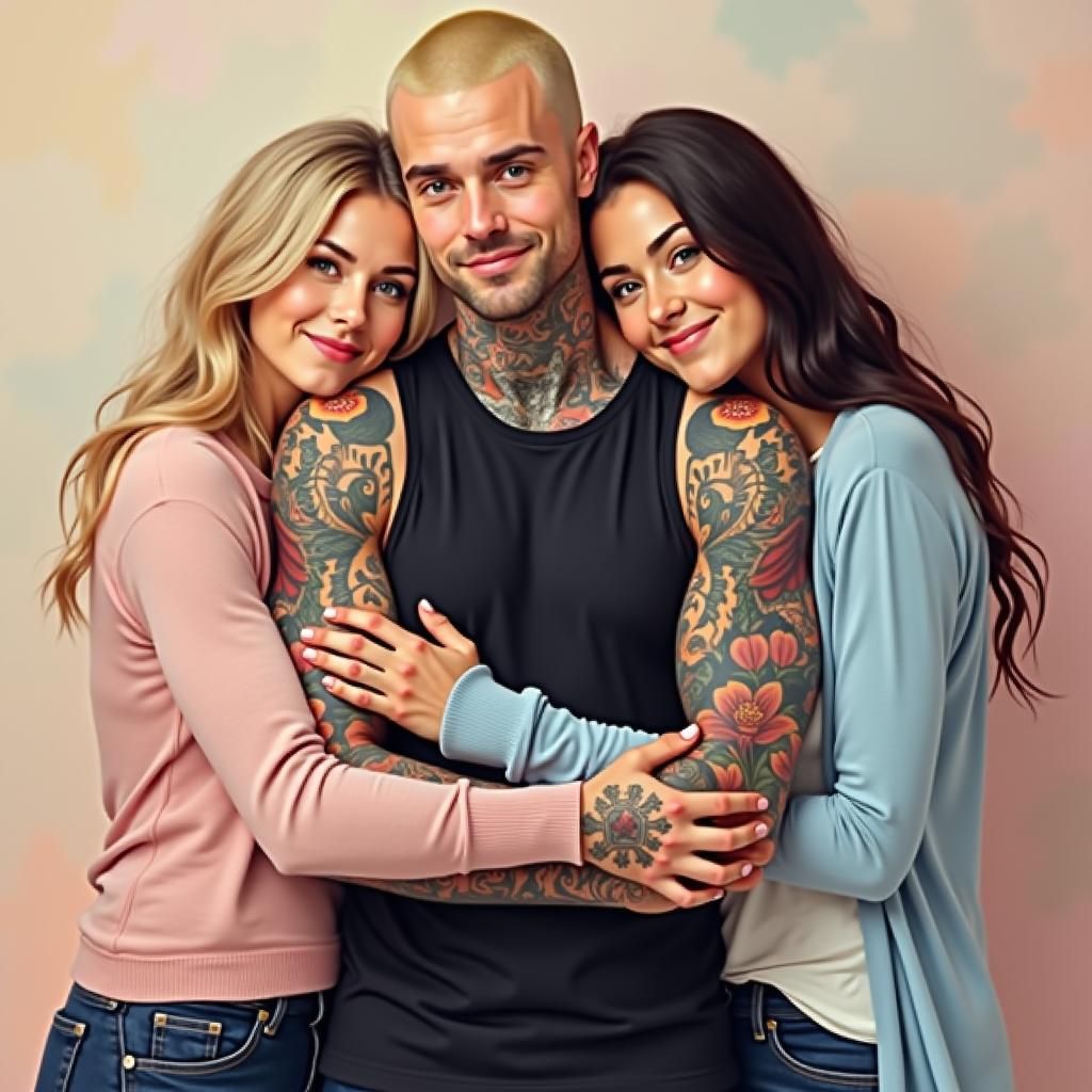 Tender Embrace: Three Individuals in Pastel Hues