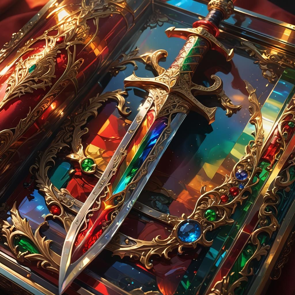 Rainbow Sword on Red Pillow in Glass Box