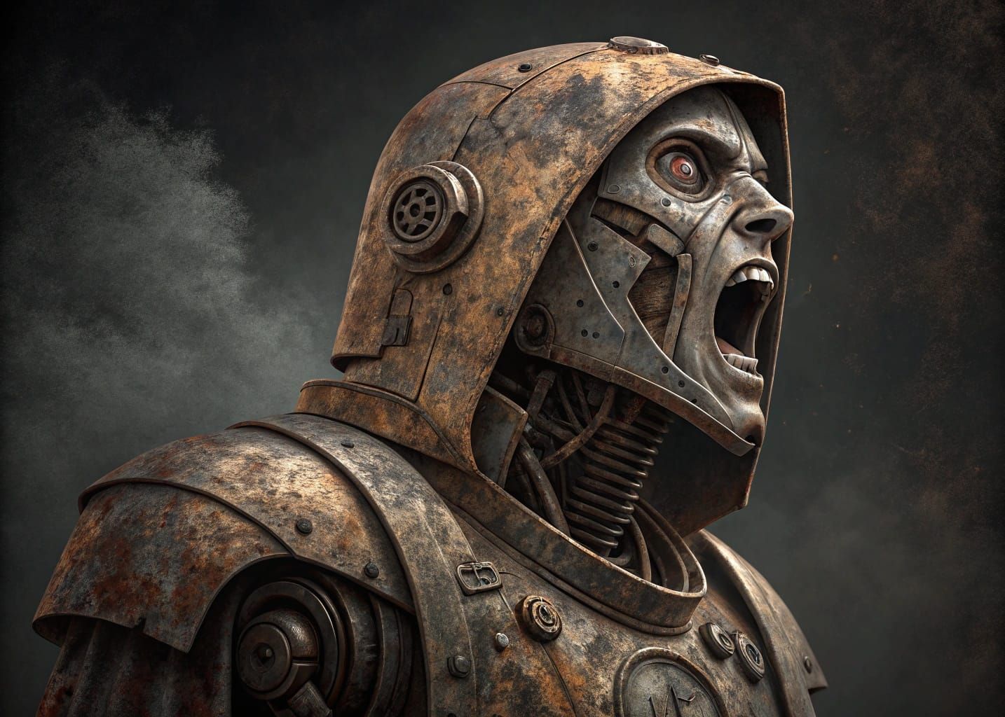 Screaming Robot in Rusty Agony, Oil Painting Style