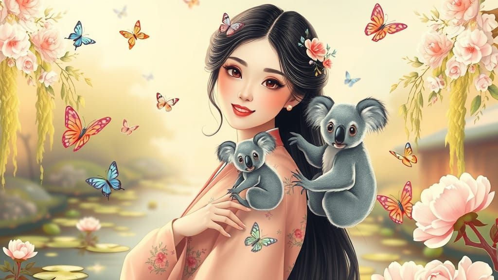 Ethereal Asian Woman in Hanfu Dress with Whimsical Floral Pa...