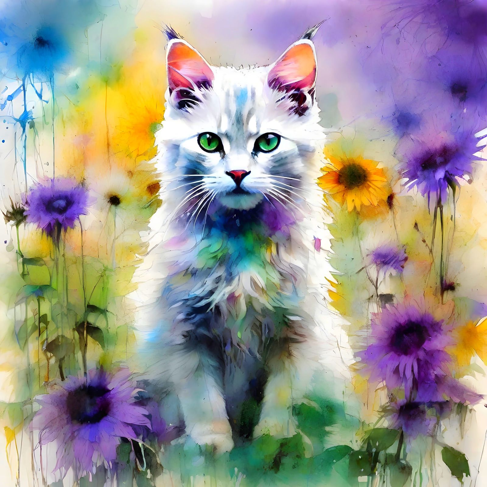 Fuzzy Kitten in Ethereal Sunflower Garden, Ink Painting